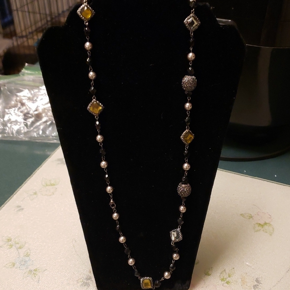 White House Black Market Black Beaded Necklace with Black, Yellow and Gold Beads